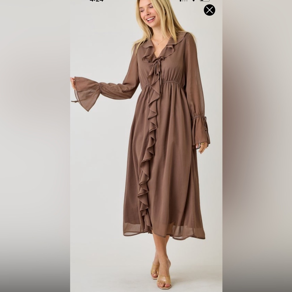 Rokoko brown solid chiffon Flyaway Sleeve Midi Dress, Large